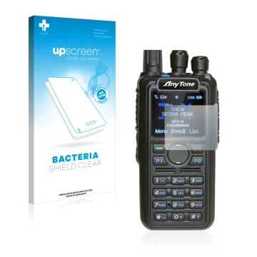 Face avant d’un emballage produit avec le logo de la marque upscreen. À côté, l’appareil AnyTone AT-D878UV est représenté avec