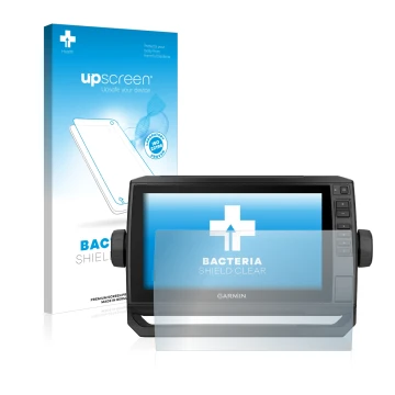 Face avant d’un emballage produit avec le logo de la marque upscreen. À côté, l’appareil Garmin ECHOMAP UHD 92sv est représent