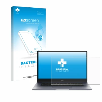 Face avant d’un emballage produit avec le logo de la marque upscreen. À côté, l’appareil Honor MagicBook 15