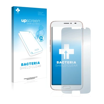 Face avant d’un emballage produit avec le logo de la marque upscreen. À côté, l’appareil Doro 8080 est représenté avec la prot