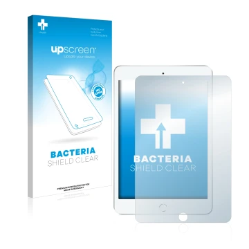 Face avant d’un emballage produit avec le logo de la marque upscreen. À côté, l’appareil Apple iPad Mini 7.9