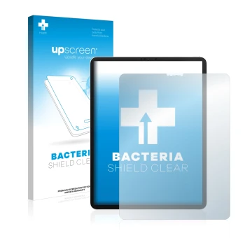 Face avant d’un emballage produit avec le logo de la marque upscreen. À côté, l’appareil Apple iPad Pro 12.9