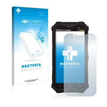 Face avant d’un emballage produit avec le logo de la marque upscreen. À côté, l’appareil SkyCaddie SX500 est représenté avec l
