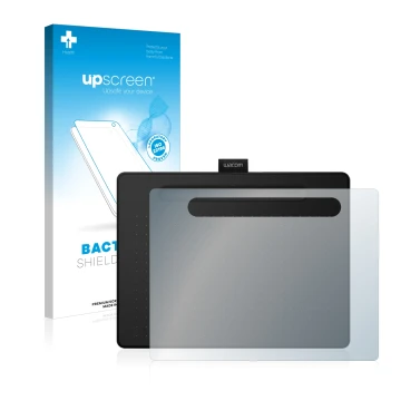 Face avant d’un emballage produit avec le logo de la marque upscreen. À côté, l’appareil Wacom Intuos M est représenté avec la