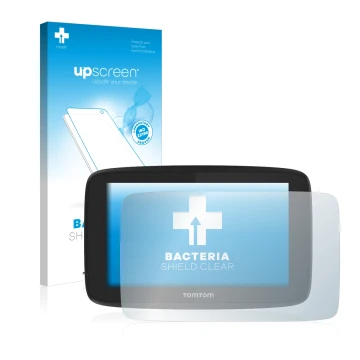 Face avant d’un emballage produit avec le logo de la marque upscreen. À côté, l’appareil TomTom Go Professional 520 est représ