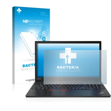 Face avant d’un emballage produit avec le logo de la marque upscreen. À côté, l’appareil Lenovo ThinkPad E14 Gen 2 est représe