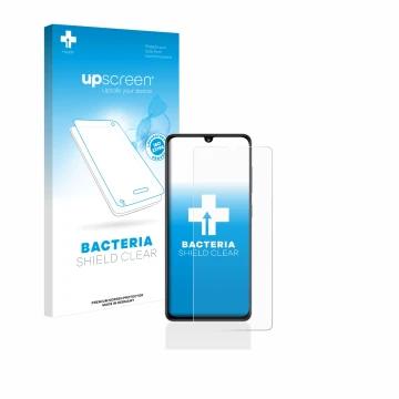 Face avant d’un emballage produit avec le logo de la marque upscreen. À côté, l’appareil Samsung Galaxy A41 est représenté ave