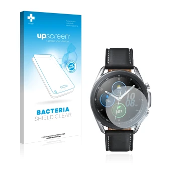 Face avant d’un emballage produit avec le logo de la marque upscreen. À côté, l’appareil Samsung Galaxy Watch 3 (41mm) est rep
