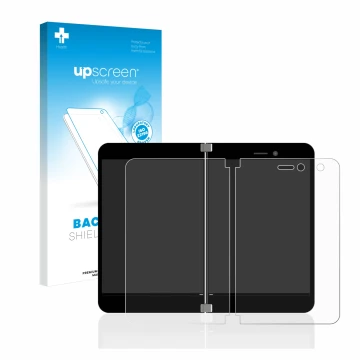 Face avant d’un emballage produit avec le logo de la marque upscreen. À côté, l’appareil Microsoft Surface Duo est représenté 