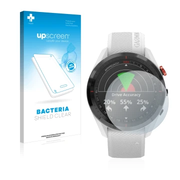 Face avant d’un emballage produit avec le logo de la marque upscreen. À côté, l’appareil Garmin Approach S62 est représenté av