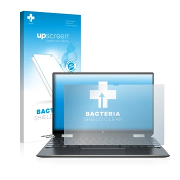 Face avant d’un emballage produit avec le logo de la marque upscreen. À côté, l’appareil HP Spectre x360 13-aw0000ns est repré