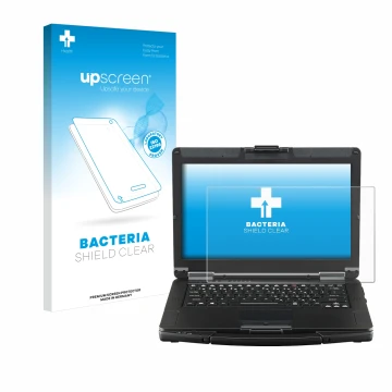 Face avant d’un emballage produit avec le logo de la marque upscreen. À côté, l’appareil Panasonic Toughbook FZ-55 Touch est r