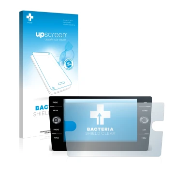 Face avant d’un emballage produit avec le logo de la marque upscreen. À côté, l’appareil Volkswagen Golf 2017-2019 Discover Me