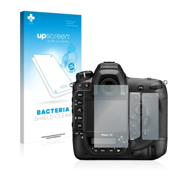 Face avant d’un emballage produit avec le logo de la marque upscreen. À côté, l’appareil Nikon D6 est représenté avec la prote