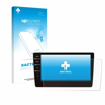 Face avant d’un emballage produit avec le logo de la marque upscreen. À côté, l’appareil Volkswagen Passat 2019 Discover Pro 9