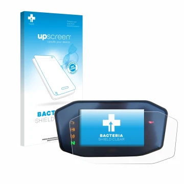 Face avant d’un emballage produit avec le logo de la marque upscreen. À côté, l’appareil KTM 890 Duke R 2020 TFT Screen est re