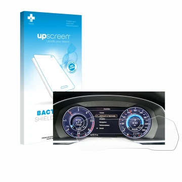 Face avant d’un emballage produit avec le logo de la marque upscreen. À côté, l’appareil Volkswagen Passat Active Info Cockpit