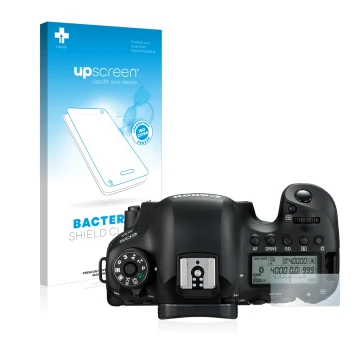 Face avant d’un emballage produit avec le logo de la marque upscreen. À côté, l’appareil Canon EOS 6D (affichage des épaules) 