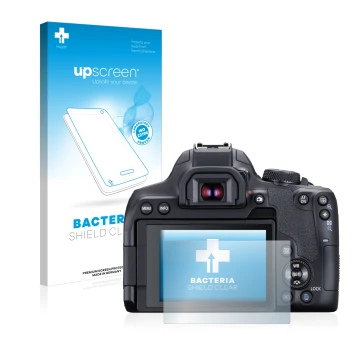 Face avant d’un emballage produit avec le logo de la marque upscreen. À côté, l’appareil Canon EOS 850D est représenté avec la
