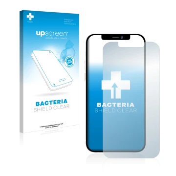 Face avant d’un emballage produit avec le logo de la marque upscreen. À côté, l’appareil Apple iPhone 12 Pro Max est représent