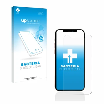 Face avant d’un emballage produit avec le logo de la marque upscreen. À côté, l’appareil Apple iPhone 12 mini est représenté a