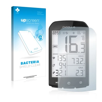 Face avant d’un emballage produit avec le logo de la marque upscreen. À côté, l’appareil Cycplus M1 2.9