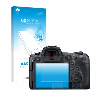 Face avant d’un emballage produit avec le logo de la marque upscreen. À côté, l’appareil Canon EOS R5 est représenté avec la p