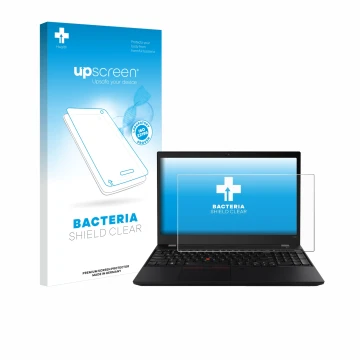 Face avant d’un emballage produit avec le logo de la marque upscreen. À côté, l’appareil Lenovo ThinkPad T590 Non-Touch est re
