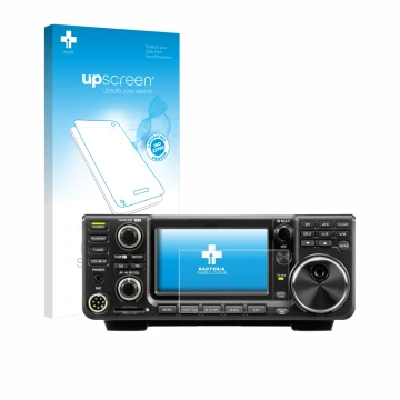 Face avant d’un emballage produit avec le logo de la marque upscreen. À côté, l’appareil Icom IC-9700 est représenté avec la p