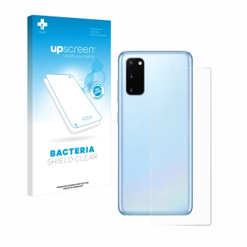 Face avant d’un emballage produit avec le logo de la marque upscreen. À côté, l’appareil Samsung Galaxy S20 5G (Arrière) est r
