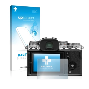Face avant d’un emballage produit avec le logo de la marque upscreen. À côté, l’appareil Fujifilm X-T4 est représenté avec la 
