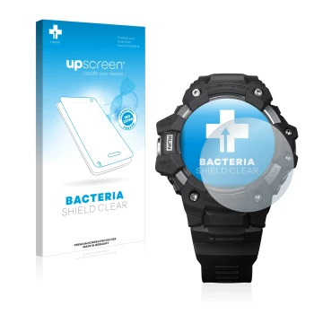 Face avant d’un emballage produit avec le logo de la marque upscreen. À côté, l’appareil Casio G-Shock GBD-H1000 est représent