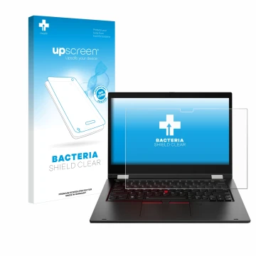 Face avant d’un emballage produit avec le logo de la marque upscreen. À côté, l’appareil Lenovo ThinkPad L13 Yoga est représen