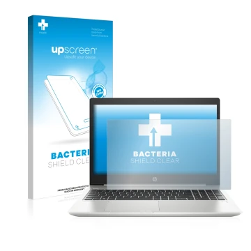 Face avant d’un emballage produit avec le logo de la marque upscreen. À côté, l’appareil HP ProBook 450 G6 est représenté avec