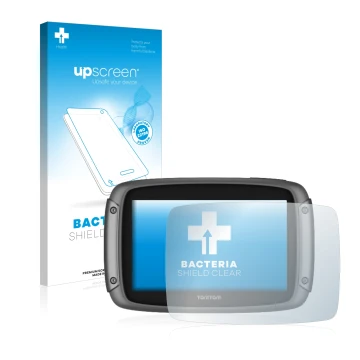 Face avant d’un emballage produit avec le logo de la marque upscreen. À côté, l’appareil TomTom Rider 50 est représenté avec l