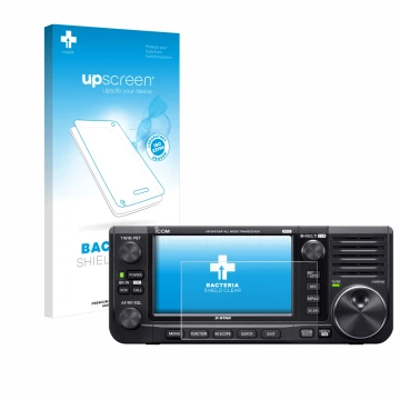 Face avant d’un emballage produit avec le logo de la marque upscreen. À côté, l’appareil Icom IC-705 est représenté avec la pr