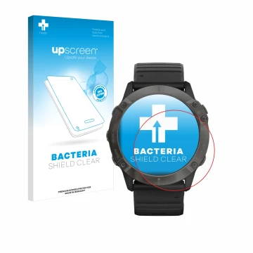 Face avant d’un emballage produit avec le logo de la marque upscreen. À côté, l’appareil Garmin Fenix 6X Pro Solar est représe