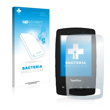 Face avant d’un emballage produit avec le logo de la marque upscreen. À côté, l’appareil TwoNav Aventura 2 est représenté avec