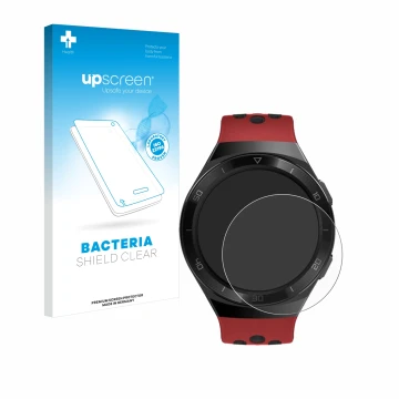Face avant d’un emballage produit avec le logo de la marque upscreen. À côté, l’appareil Huawei Watch GT 2e est représenté ave