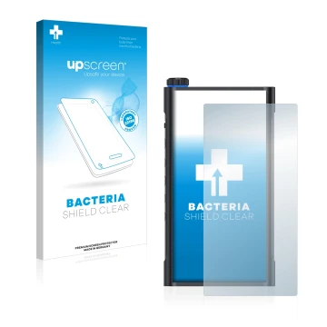 Face avant d’un emballage produit avec le logo de la marque upscreen. À côté, l’appareil FiiO M15 est représenté avec la prote