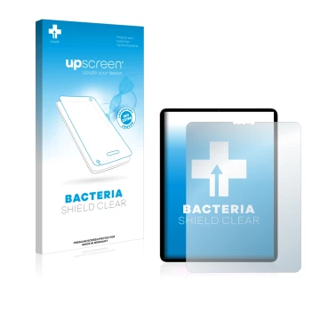 Face avant d’un emballage produit avec le logo de la marque upscreen. À côté, l’appareil Apple iPad Pro 11