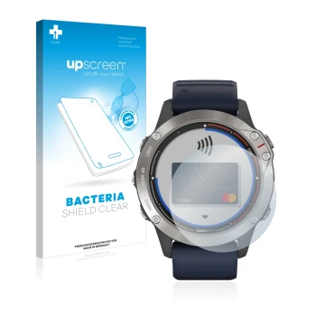 Face avant d’un emballage produit avec le logo de la marque upscreen. À côté, l’appareil Garmin quatix 6 est représenté avec l