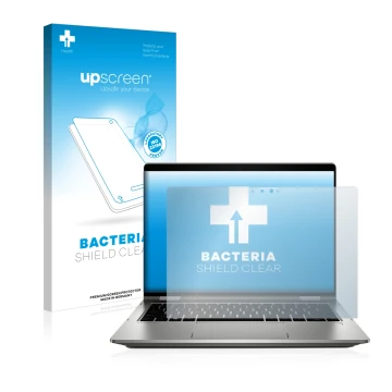 Face avant d’un emballage produit avec le logo de la marque upscreen. À côté, l’appareil HP ProBook x360 435 G7 est représenté