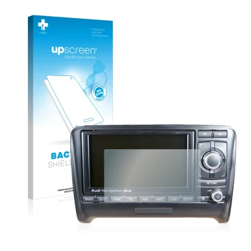 Face avant d’un emballage produit avec le logo de la marque upscreen. À côté, l’appareil Audi A3 8P 2004-2012 RNS-E est représ