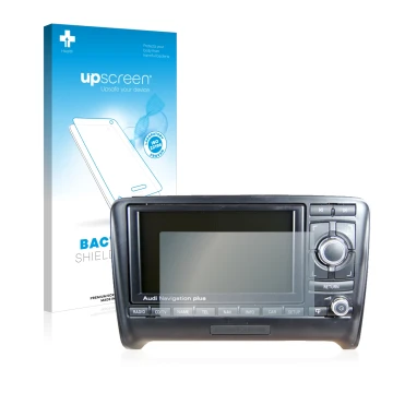 Face avant d’un emballage produit avec le logo de la marque upscreen. À côté, l’appareil Audi A4 8E 2004-2009 RNS-E est représ