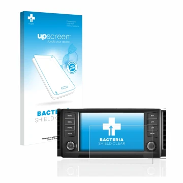 Face avant d’un emballage produit avec le logo de la marque upscreen. À côté, l’appareil Seat Leon 5F 2018 Media System Plus 2