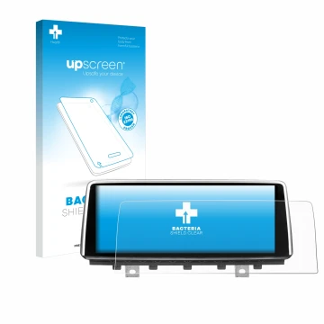 Face avant d’un emballage produit avec le logo de la marque upscreen. À côté, l’appareil BMW X5 F15 2013-2018 Infotainment Sys