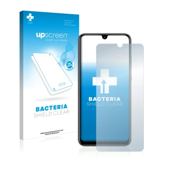 Face avant d’un emballage produit avec le logo de la marque upscreen. À côté, l’appareil Huawei P smart 2020 est représenté av