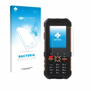 Face avant d’un emballage produit avec le logo de la marque upscreen. À côté, l’appareil RugGear RG170 est représenté avec la 