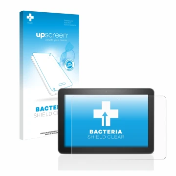 Face avant d’un emballage produit avec le logo de la marque upscreen. À côté, l’appareil Amazon Fire HD 8 2020 (10ème Gen.) es